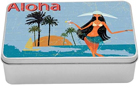 Ambesonne Aloha Metal Kutu, Aşınmış Efekt Esmer Uzun Saçlı Hawai Bayanlı Bir Adanın Vintage Tasarımı, Kapaklı Çok