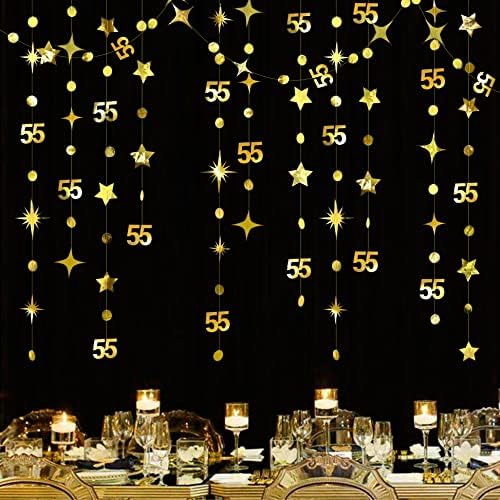 Altın 55th Doğum Günü Süslemeleri Numarası 55 Daire Nokta Pırıltı Yıldız Çelenk Metalik Asılı Flama Bunting Banner