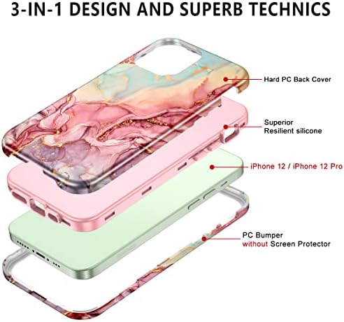 Btscase iPhone 12 için Kılıf/iPhone 12 Pro Kılıf, ağır Üç Katmanlı Mermer Darbeye Dayanıklı Tam Vücut Sağlam Sert