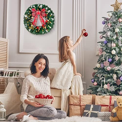 Işıklı Y & M 20 Noel Çelengi, İlmek Top Süslemeli Önceden Aydınlatılmış Noel Çelengi, Ön Kapı için Dış Mekan Işıklı