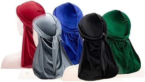 5 ADET Kadife Durags Uzun Kuyruk Türban Şapka, Gerilebilir Lüks İpeksi Durags Premium Kadife Durag Erkekler ve Kadınlar