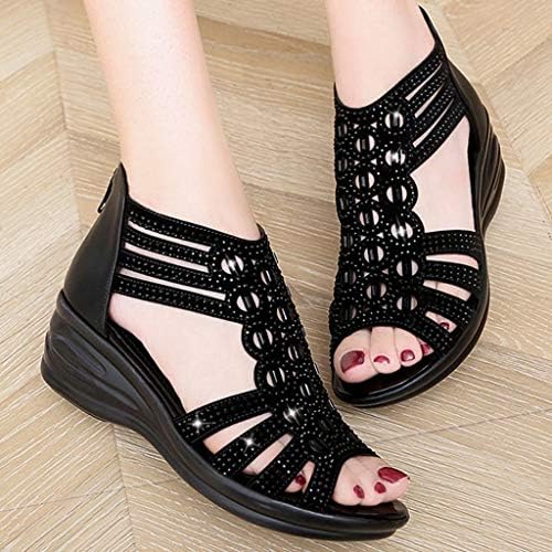 Kadınlar için sandalet Şık Yaz Kama, moda Boho Platformu Espadrille Zarif Roma Ayakkabı Üzerinde Kayma (Siyah, 5.5)