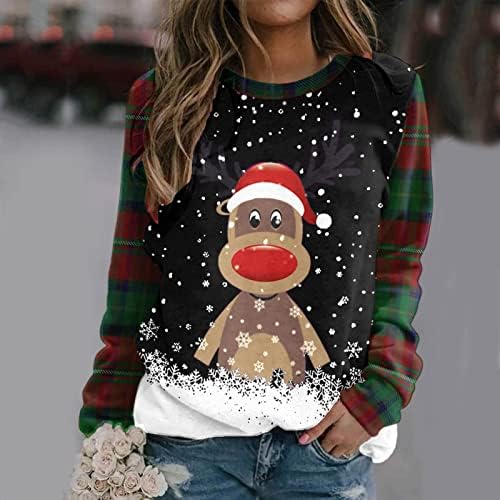Noel Sevimli Ren Geyiği T-Shirt Kadınlar için Çizgili Uzun Kollu Kazak Tops Moda Baskılı Ekip Boyun Tunik Tees Gömlek