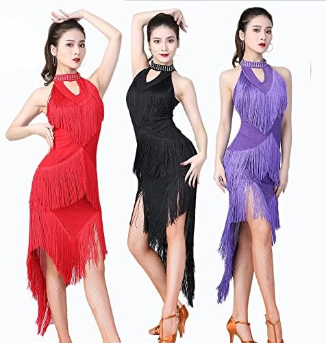 PDGJG Göz Kamaştırıcı Kadın Dans Elbise Yüksek Boyun Spandex Saçaklar Latin Elbiseler Kolsuz Düzensiz uzun elbise