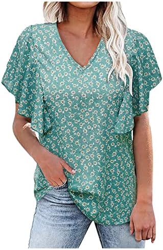 DOPOCQ Gömlek Kadınlar için Fırfır Kollu Tunik Artı Boyutu Kolej Yaz Moda Polyester Sıkı Baskılı Boyun Tunik Bluzlar