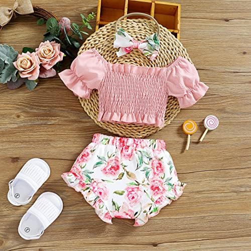 Haokaini Bebek Bebek Kız Giysileri Nervürlü Puf Kollu Mahsul Tank Top Çiçek Gaf Şort Kafa Bandı yaz kıyafetleri 3
