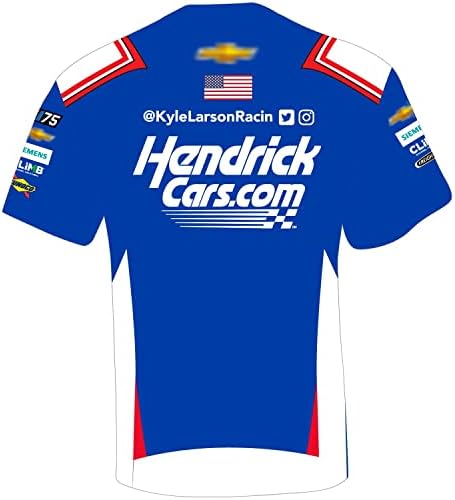 Damalı Bayrak Sporları Kyle Larson 2023 HendrickCars Yüceltilmiş Üniforma Çukur Ekibi T-Shirt Mavi