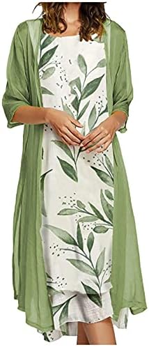 Kadınlar için Flowy Elbiseler O-Boyun Kolsuz Şifon Çiçek Baskı Hırka Kolsuz Midi Elbise İki Parçalı Set Plaj Elbise