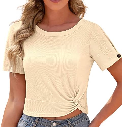 Kadınlar için gömlek Kadın Rahat T Shirt Yuvarlak Boyun Düz Renk Üst Rahat Düğüm Kısa kısa kollu tişört Üst