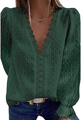 Düğme Aşağı Şifon Bluzlar Kadınlar için Zarif Bayan şifon bluz V Boyun Rahat Uzun Kollu Nokta Bluz Gömlek