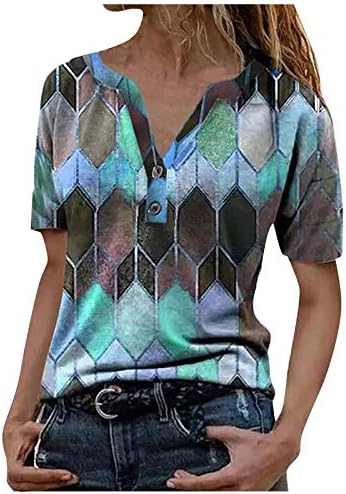 uikmnh Bayan Henley Gömlek Argyle T-Shirt Moda Yaz Rahat Henley Boyun Düğmeleri Kısa Kollu Gömlek