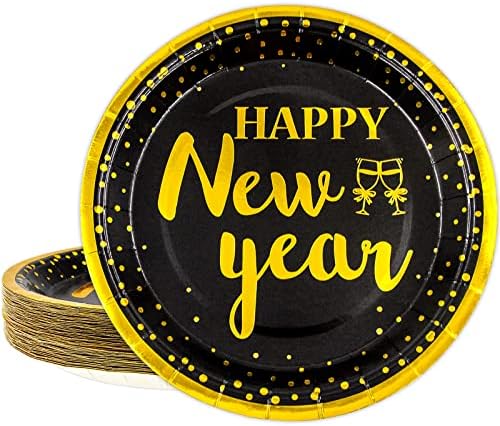 FANTEZİ ARAZİ Mutlu Yeni Yıl Kağıt Tabaklar Yeni Yıl Arifesi Parti Malzemeleri 9 İnç 48 Paket