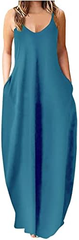 ticcoy kadın Kolsuz Maxi Elbise V Boyun Gevşek Casual Uzun Elbiseler Yaz Hawaiian Plaj Sundress Cepler ile