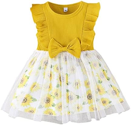 KAGAYD Kızlar Pageant Elbise Toddler Kız Kolsuz Ayçiçeği Baskılar İlmek Nervürlü Tül Prenses Elbise Elbise (Sarı,