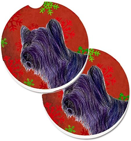 Caroline's Treasures SS4670CARC Skye Terrier Kırmızı Yeşil Kar Tanesi Tatil Noel 2 Bardak Tutucu Araba Bardak Seti,