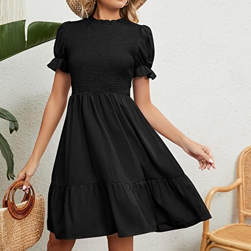 ıCODOD Elbise kadın 2023 Yaz Eğlence Düz Renk İnce Standı Yaka Bel Kapalı Kısa Kollu Elbiseler Kadınlar için