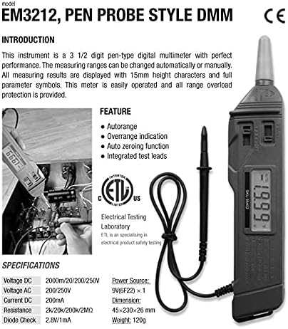 WDBBY EM3212 Kalem Probe Stil Dijital Multimetre Temassız Ölçüm AC / DC Gerilim Multimetre DC Akım direnç test aleti