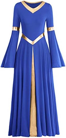 Kadın Metalik V Boyun Övgü Dans Elbise Liturjik Ibadet Kostüm Bi Renk Çan Uzun Kollu Kilise Robe Praisewear