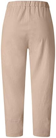 Yaz Keten pantolon Kadınlar için Yüksek Belli Pamuk Keten Sweatpants Düz Renk Elastik Belli Boho Kırpılmış cepli